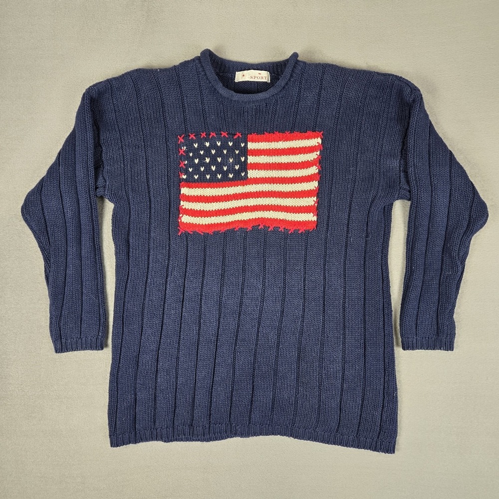 Vintage LT Sport Sweater Womens Large Chunky Roll Neck Wool USA‎ Flag Pullover